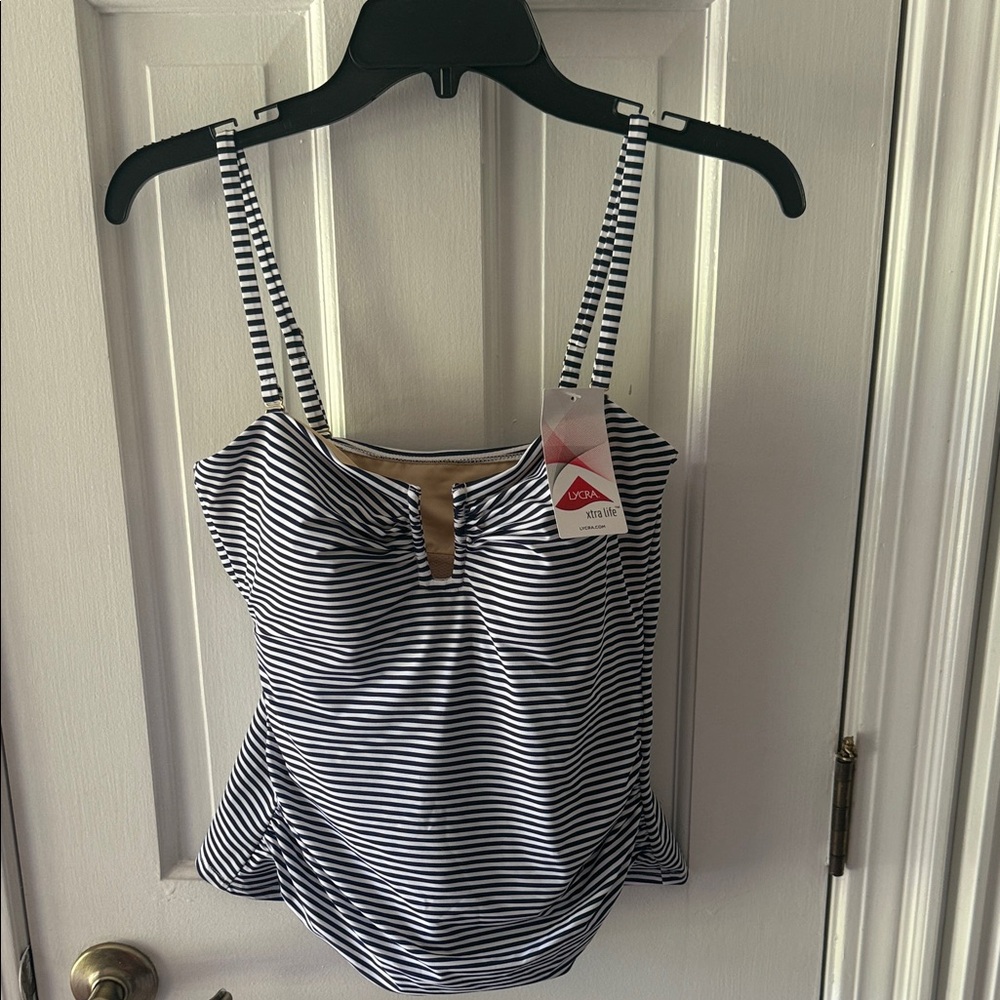 Lands' End Navy and White Striped Tankini Top